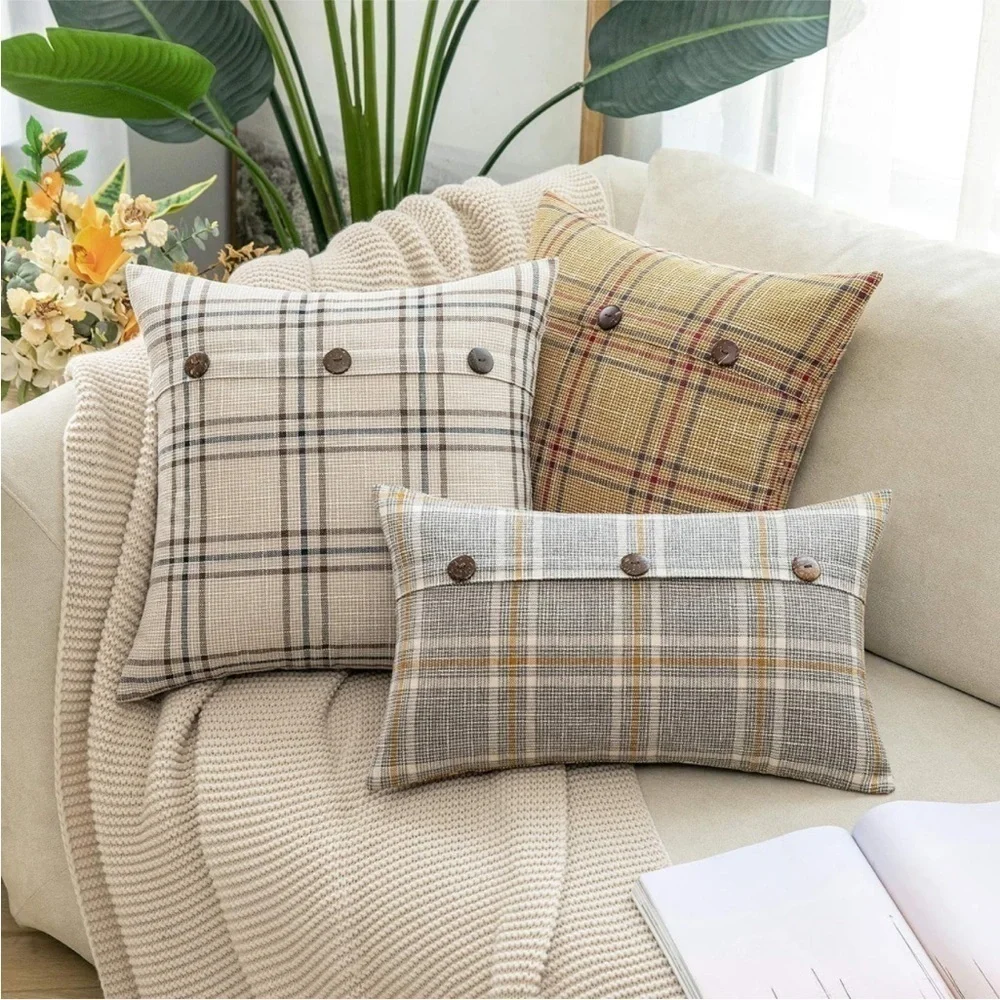 Farmhouse Plaid Linen Tan Cream Striped Button Throw Pillow Soft Decor Cover